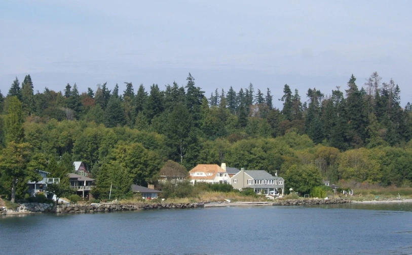 a village of several buildings near a body of water with trees in the background