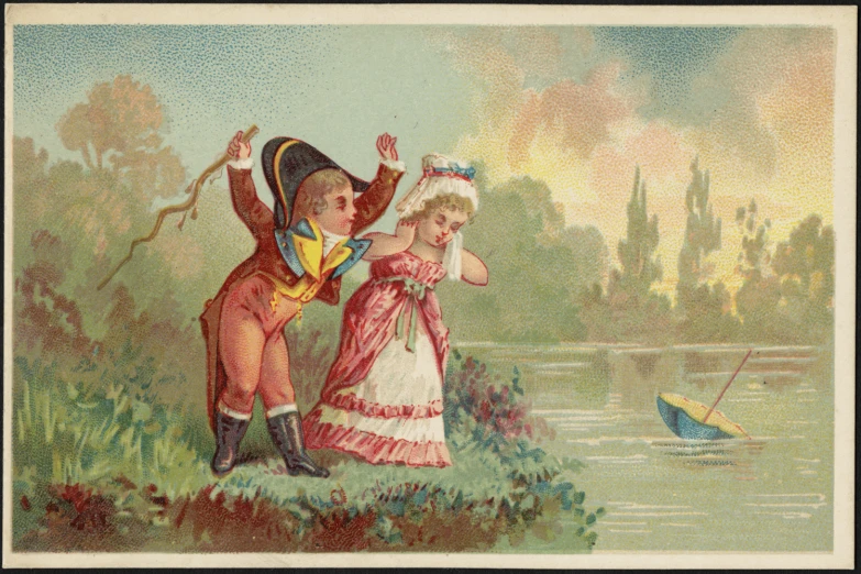 an old postcard featuring an image of two women standing by the water