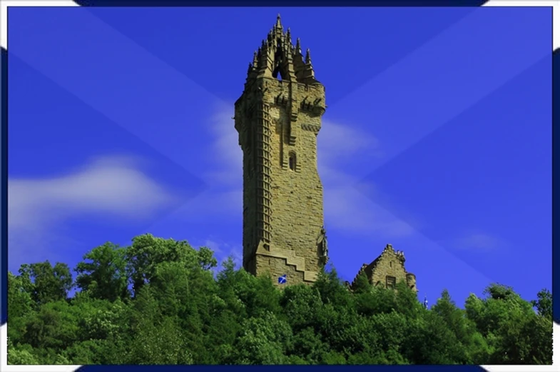 a big tall clock tower surrounded by green trees