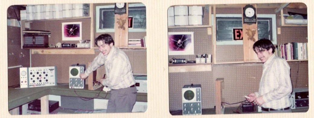 two polaroid pos of two men playing with electronics