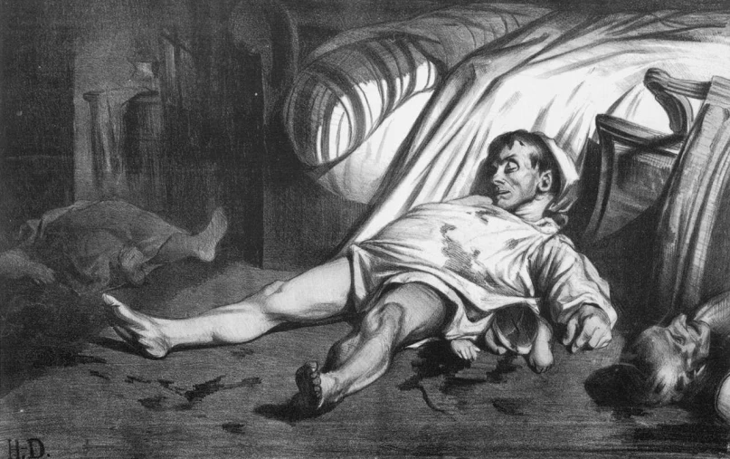 an ink painting of a man in bed with his cat