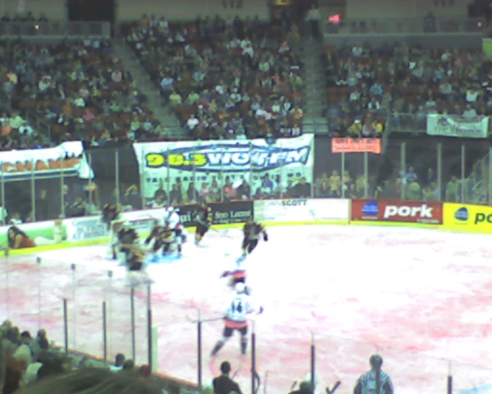 hockey game at large arena, with fans in the stands