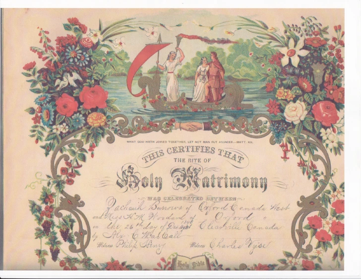 a very old fashioned colored certificate in a frame