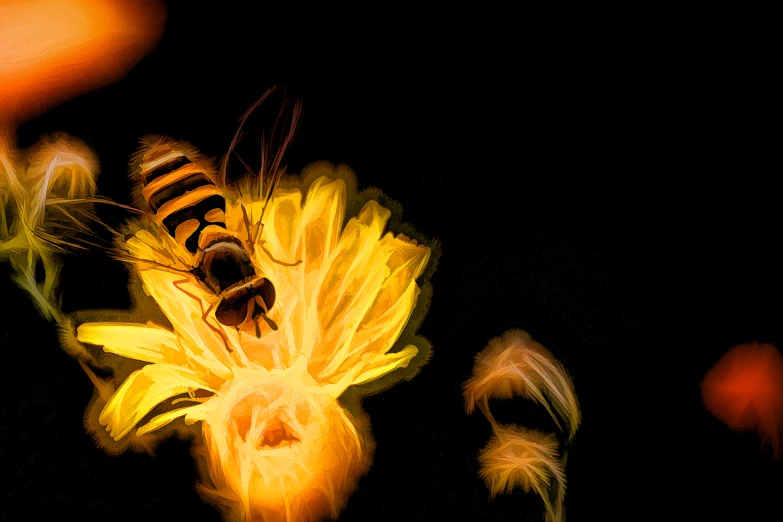 two bees fly near a flower that is glowing yellow