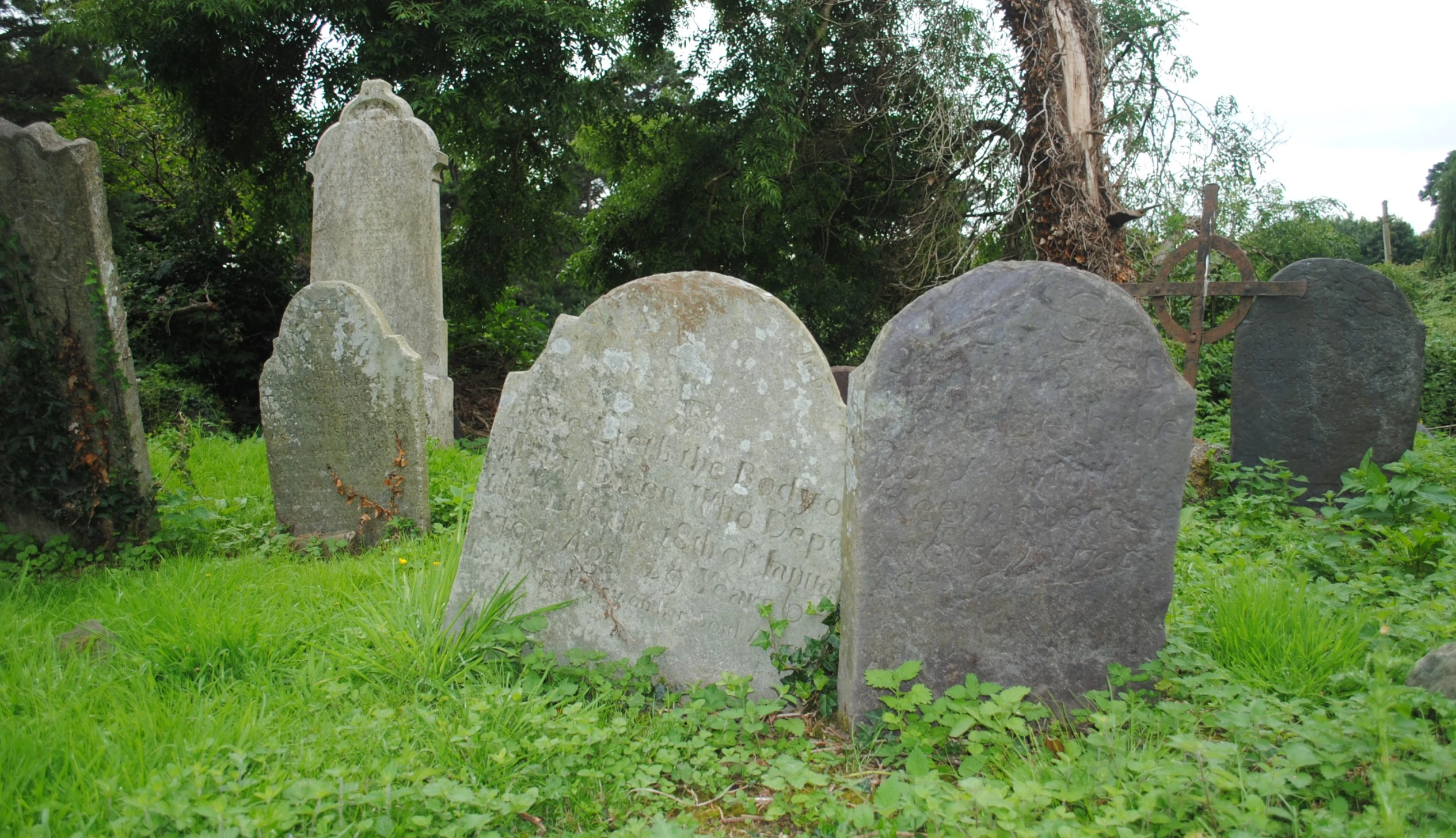 several old tombstones are in a field