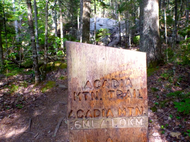 the sign indicates where the trail is located in the woods