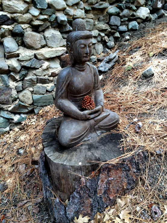 a statue sitting on a stump outside in a field