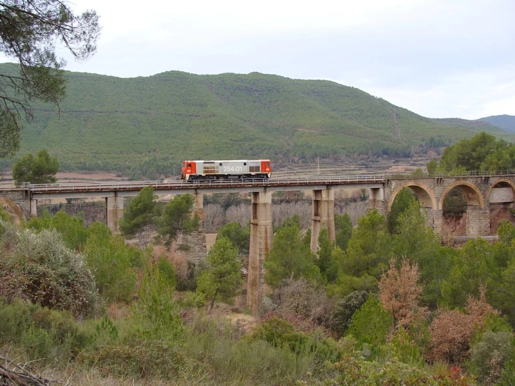 a train is crossing an old bridge over trees