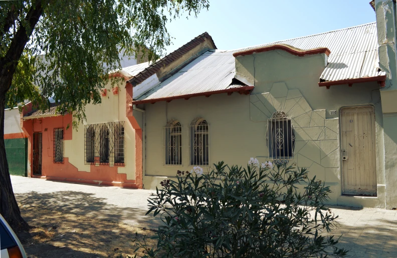 a house with several doors and a large tree