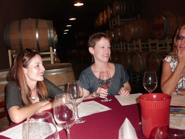 a group of women sitting at a table with wine glasses