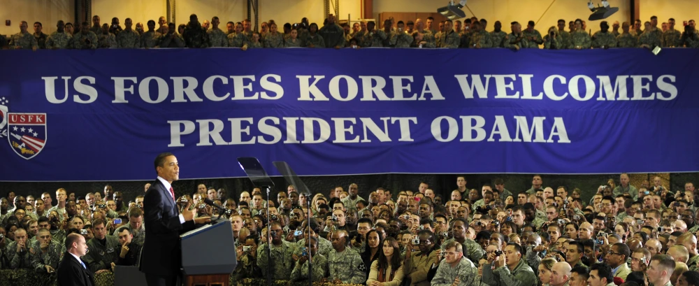 a president making a speech at the us forces korea welcomes presidents