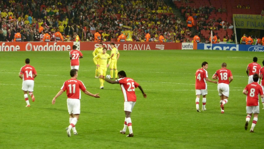 a group of soccer players standing on a field