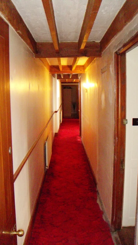 this hallway is covered in bright red carpet