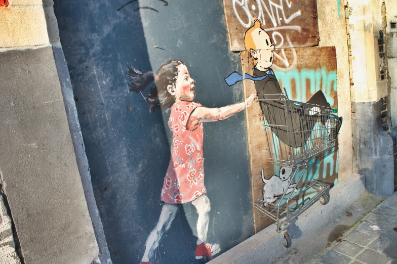 a woman is looking at graffiti on a door