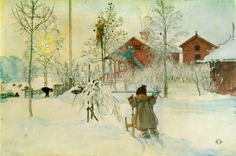 a painting of two people in the snow next to a red house