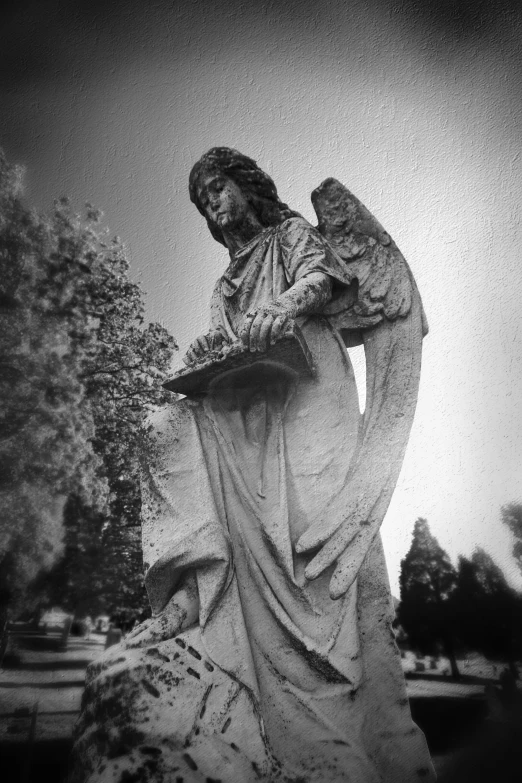 a black and white pograph of an angel holding flowers