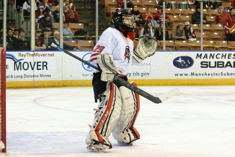 a hockey goalie getting ready to catch the puck