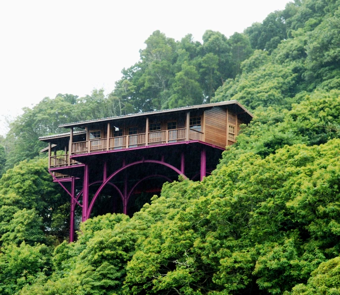 a wooden structure sitting above the trees on top of a hillside