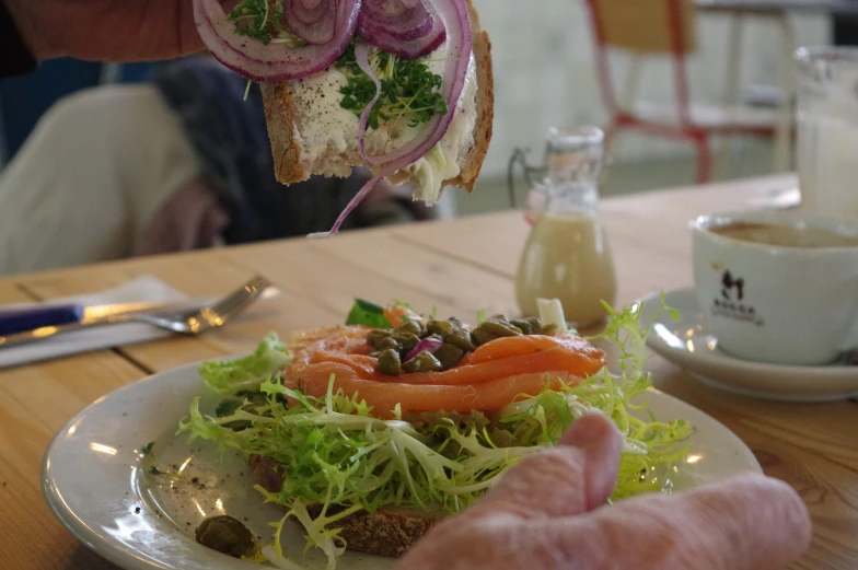 a person with an open face sandwich is being served