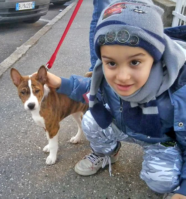 the child is walking his small dog on the leash