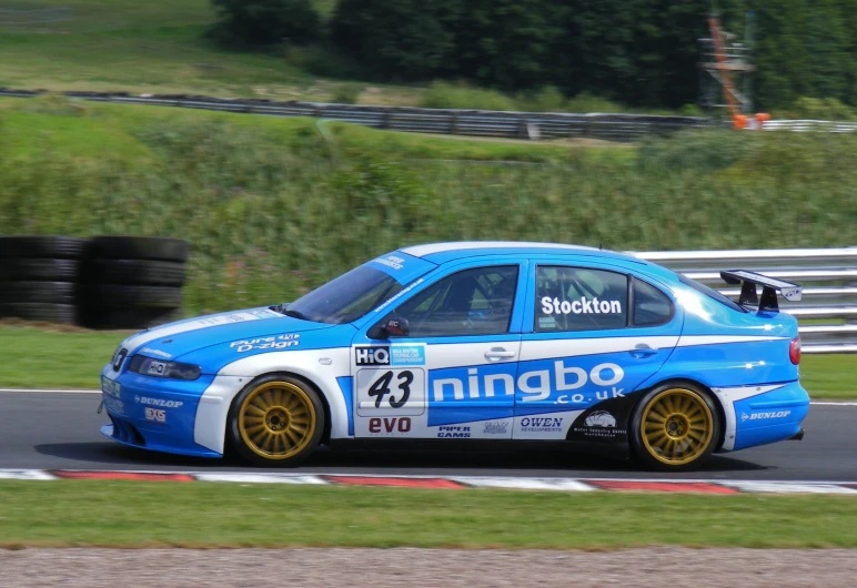 blue and white race car speeding on an racetrack