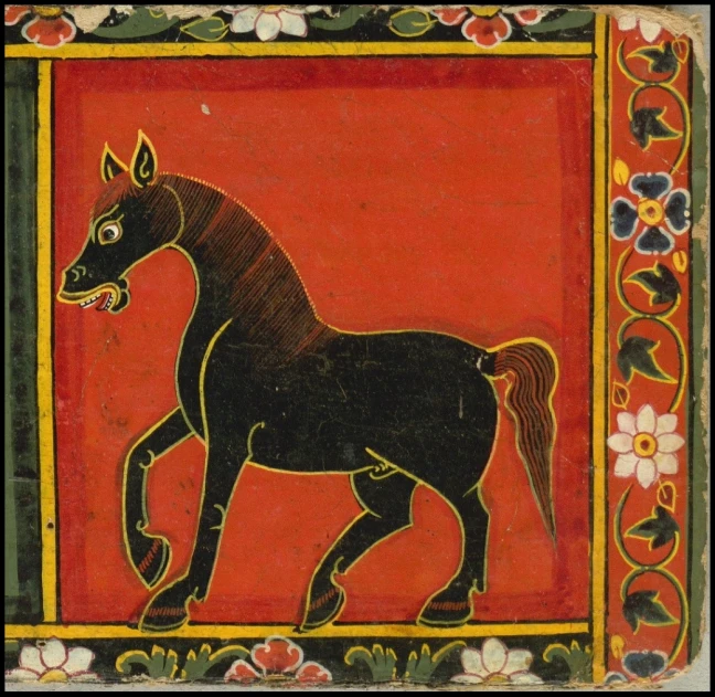 black horse painted on red, yellow and blue wall