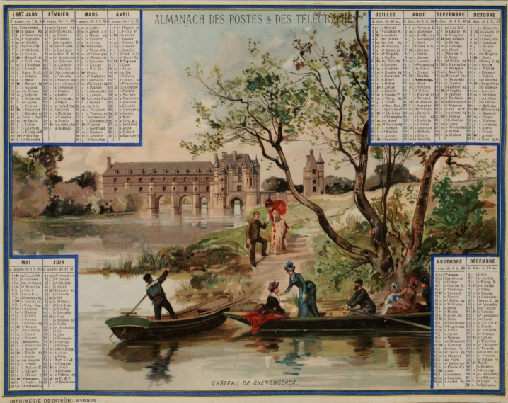 an old postcard depicts a river scene with a couple rowing a boat and a bridge in the background