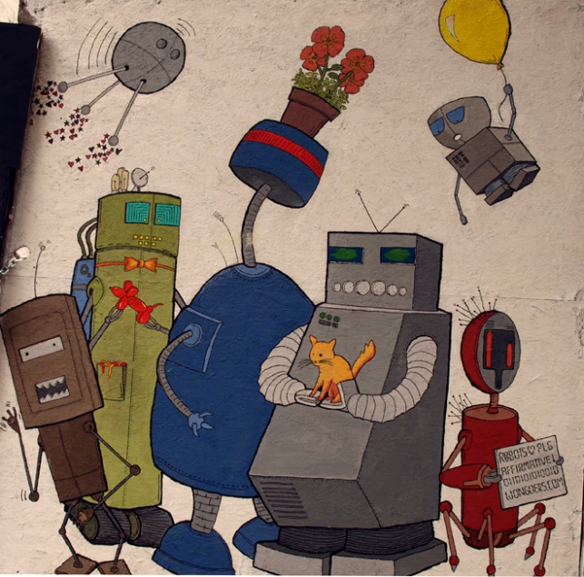 this wall painting features many robots and a cat