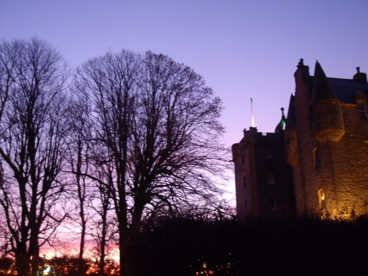 the trees are silhouetted against the sky as the sun sets