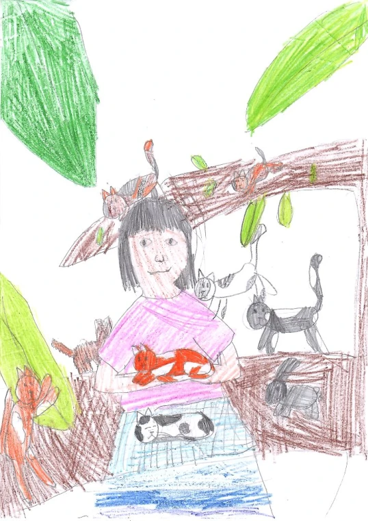 an art work with a child's drawing of cat and dog in room