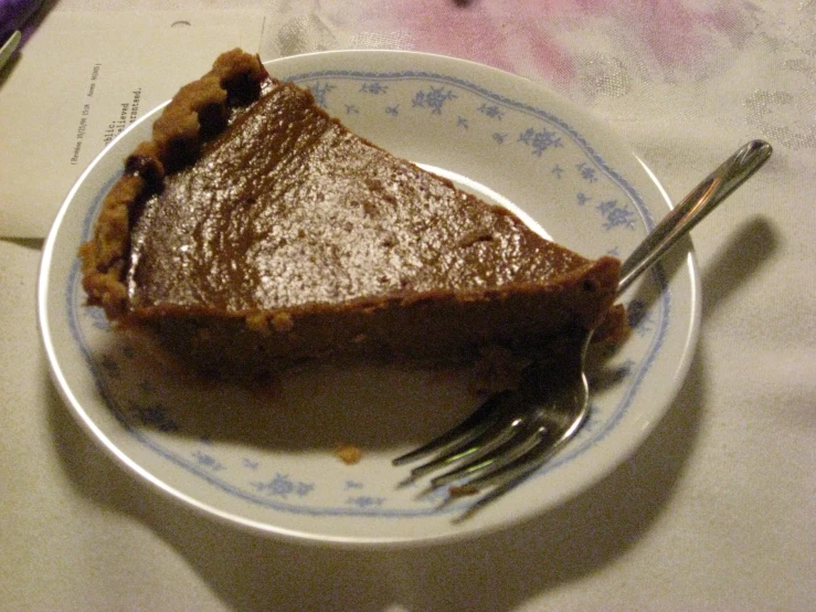 there is a slice of pie on a plate with a fork