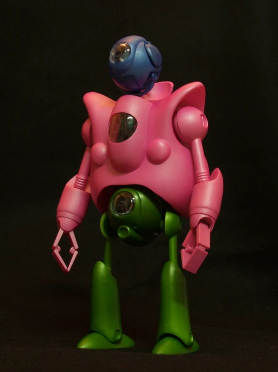 an animated figure wearing a blue helmet with a pink mask