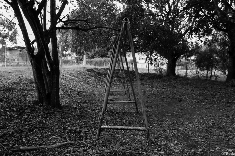 a black and white po of a broken swing in a park