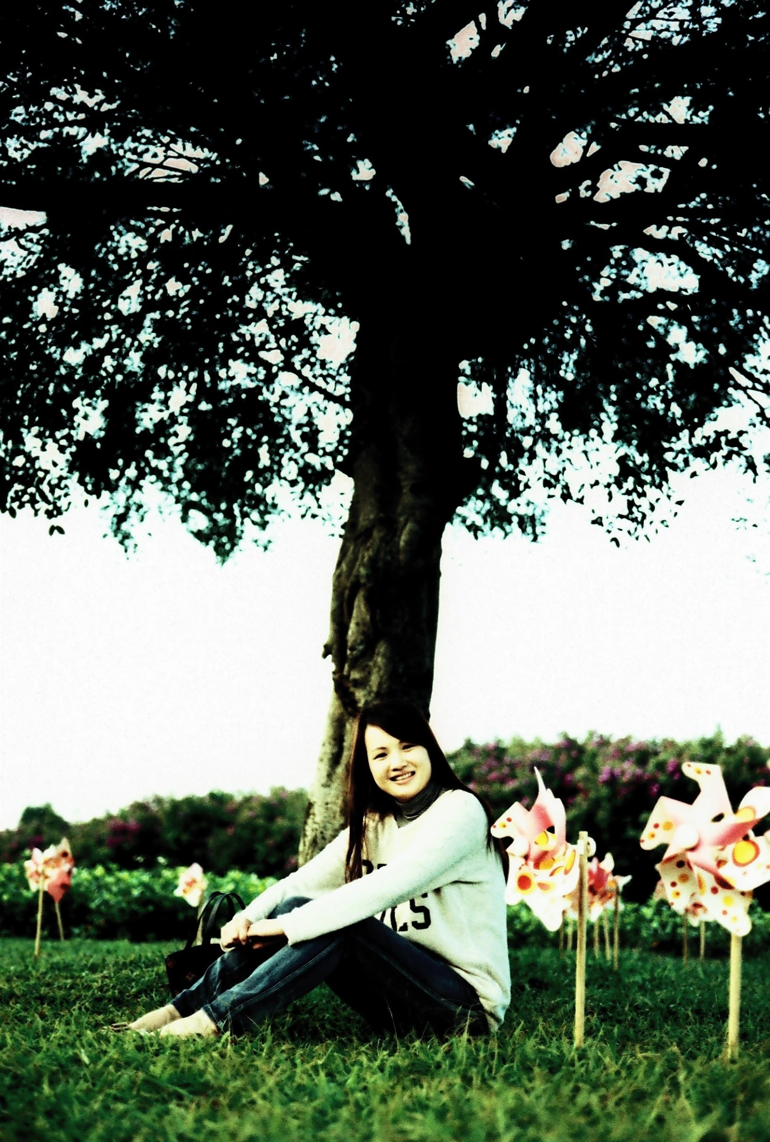 a woman sitting underneath a tree in the grass