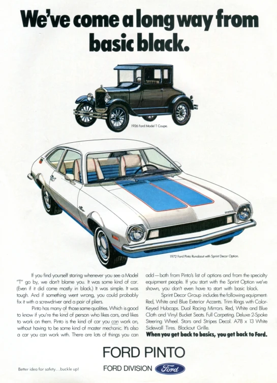 an old ford pinto advertit shows an automobile on the side and an automobile on the back