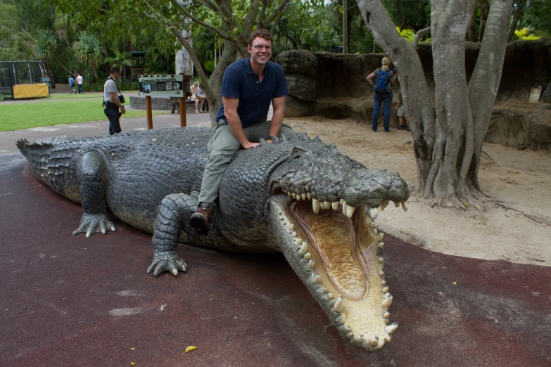 a man poses on a large alligator statue
