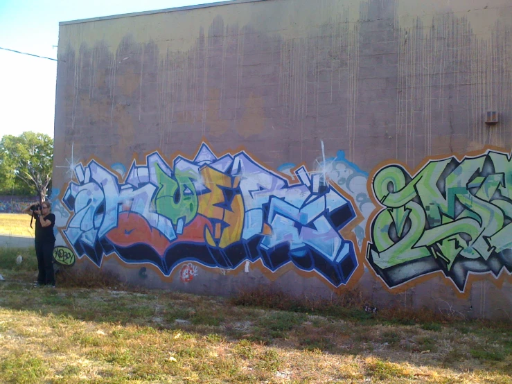 a wall with some graffiti on it near a grass field