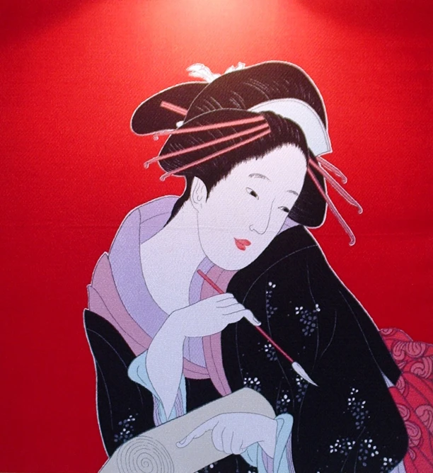 an oriental woman in pink clothes painting on a wall