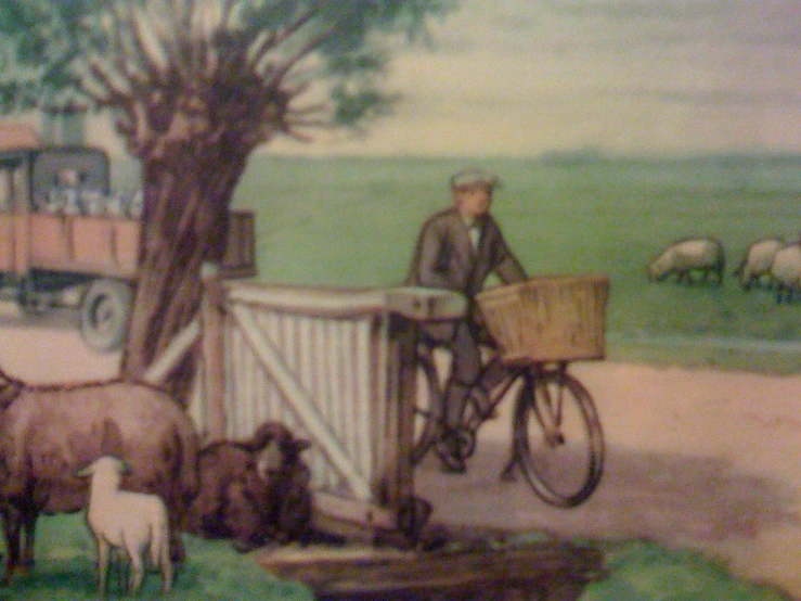 a man in a suit is riding a bike by some animals