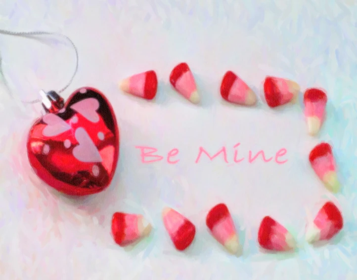 a heart - shaped valentine's necklace on the table with candy - themed candies