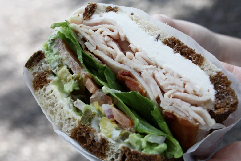 a ham and cheese sandwich is shown with lettuce