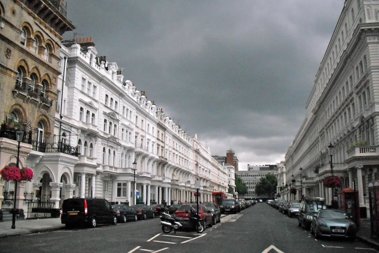 street scene with several white buildings in the distance