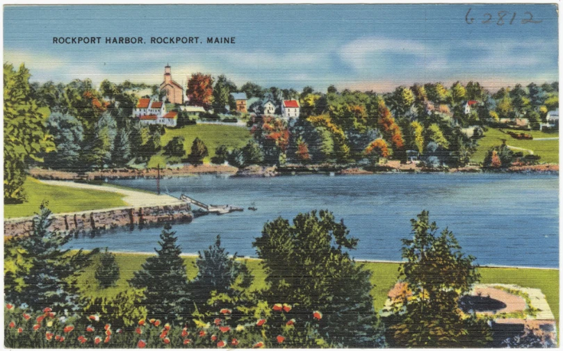 an antique postcard depicting a harbor in the woods