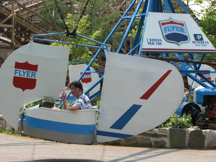 two men ride on a carnival type roller coaster