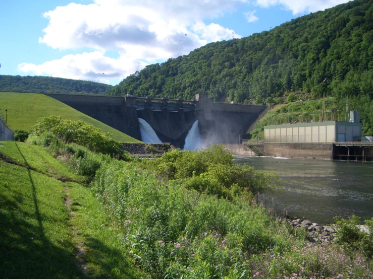 water spilling from a dam into a river