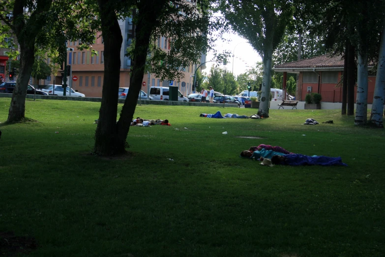 a green yard is littered with trash and tents