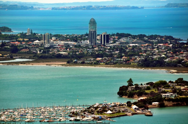 a view of a city and several boats in the ocean