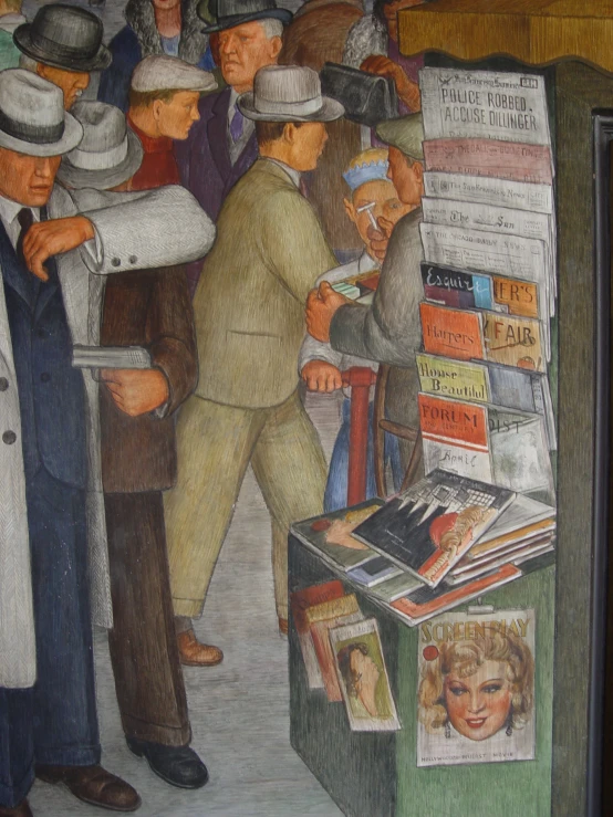 a painting depicting a man talking to a woman next to a news stand with people in hats and suit and dress jackets standing around