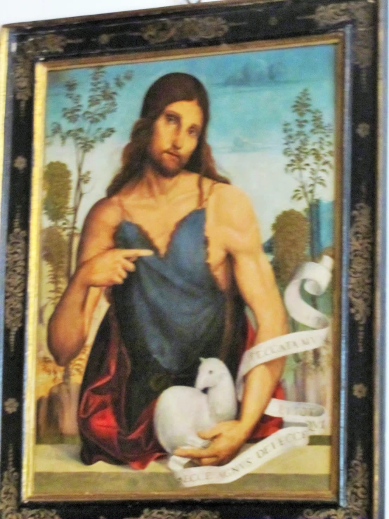 a painting is shown with a man holding two doves