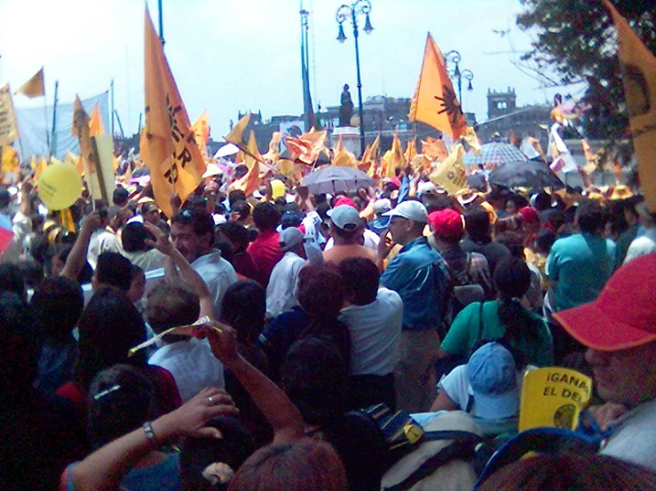 this is a large crowd of people holding up yellow signs